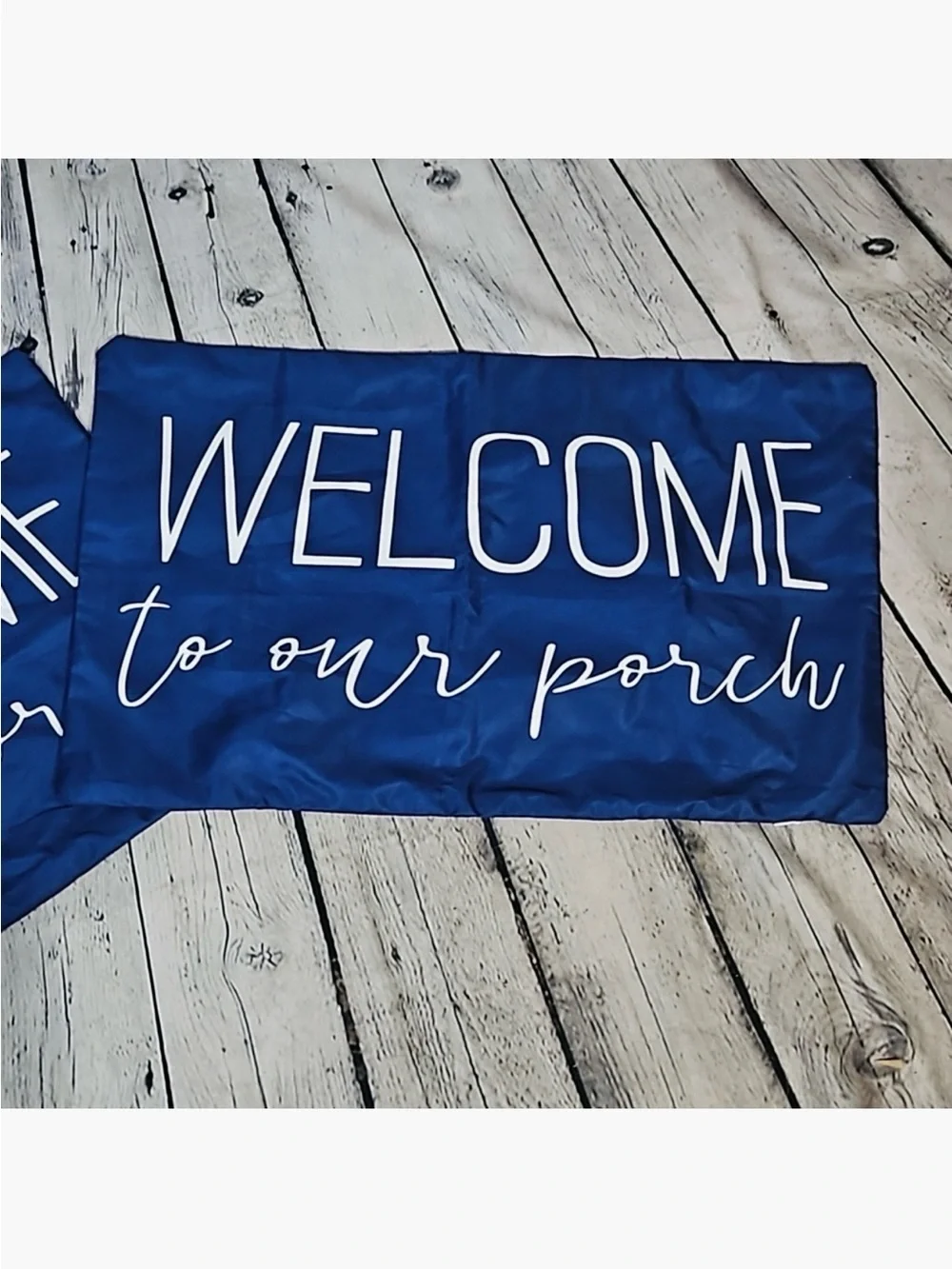 SET OF 2 ‘Welcome to Our Porch’ 20” Navy Blue & White Outdoor Pillows & Covers